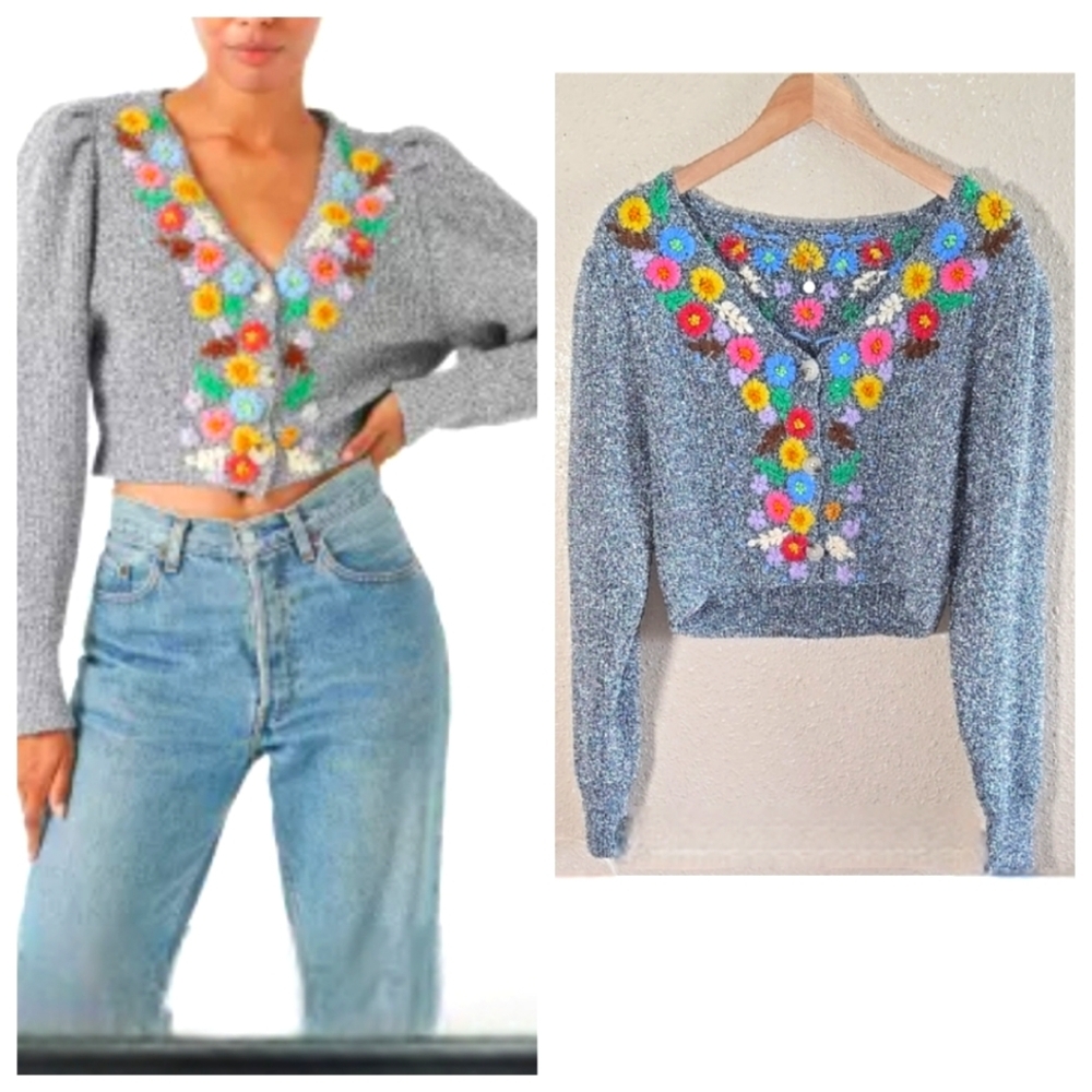 Celia B Gray Floral Embroided Cardigan Sweater